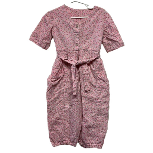 Vintage Children's Pink Rumpled Cotton Ditsy Floral Short Sleeve Wide Leg Romper - Picture 1 of 6